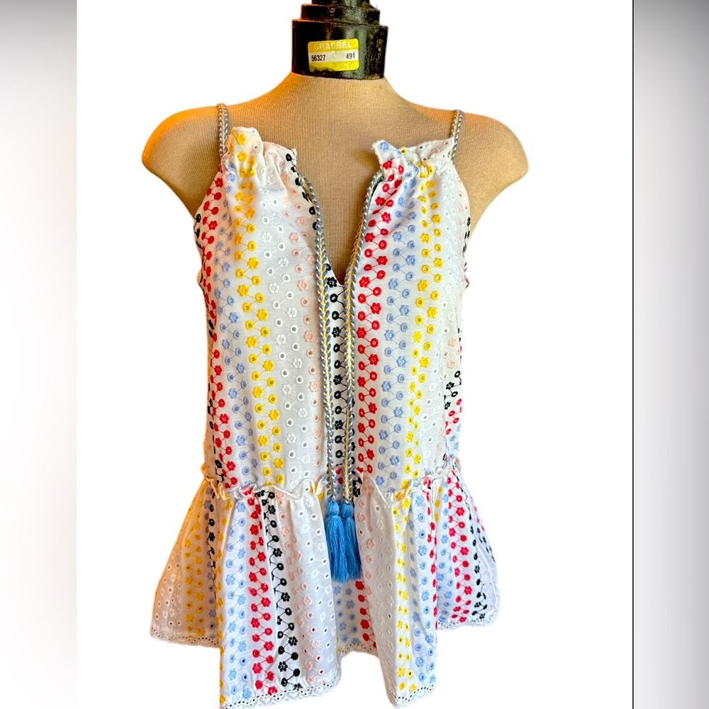 Joy Joy Eyelet Peplum Top Multicolor Floral Embroidery‎ Spaghetti Strap XS